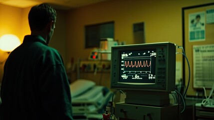 Poster - Man observes medical equipment displaying vital signs