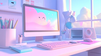 Poster - Pastel Workspace Featuring Computer and Cute Cloud Design