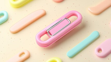 Poster - Pink paperclip among pastel shapes on beige background