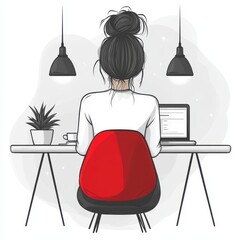 Wall Mural - Person Sitting at a Desk with a Laptop, Red Chair, and Pendant Lights in a Minimalist Decorated Workspace with Modern Aesthetics and Neutral Tones