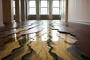 Poster - Resin art floor depicting a river flowing through a wooden parquet in an art gallery