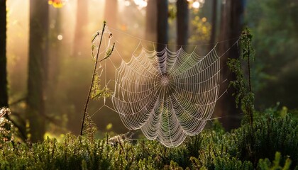 sunlit spiderweb glistening with dew in a mystical forest nature s ethereal beauty