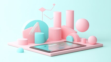 Poster - Pastel Geometric Shapes Displaying Data On Tablet