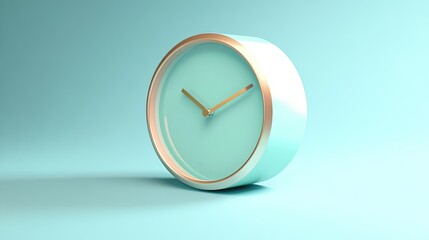 Poster - A teal clock with gold hands rests on a pale blue background