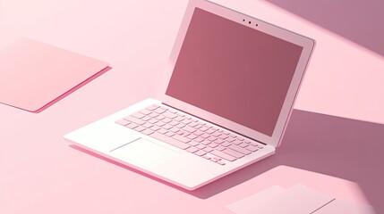 Poster - Pink Laptop and Papers on Pink Surface