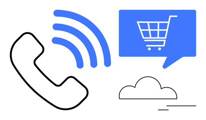 Poster - Phone receiver with signal lines, speech bubble containing shopping cart, and cloud icon. Ideal for ecommerce, customer service, online shopping, retail, communication, technology, marketing. Line