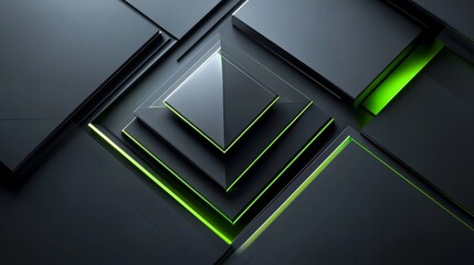 Wall Mural - Futuristic geometric abstract design with dynamic lines and neon green accents on dark background