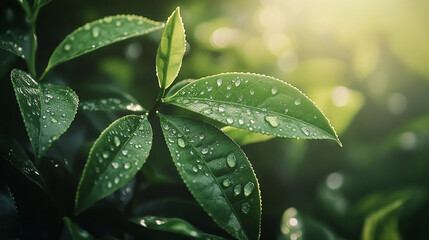 Poster - Fresh green leaves glistening with droplets of water in a natural setting during early morning light
