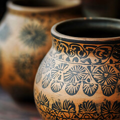 closeup of two ornate clay pots with black floral design