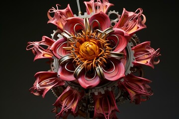 Poster - Mechanical flower with intricate gears and pistons, showcasing the fusion of nature and technology