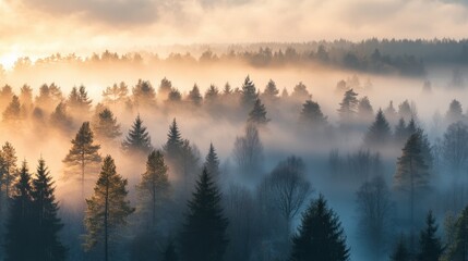 Wall Mural - as dawn breaks, a magical mist blankets the forest, shrouding the towering trees in mystery and crea