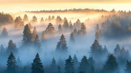 Wall Mural - as dawn breaks, a magical mist blankets the forest, shrouding the towering trees in mystery and crea