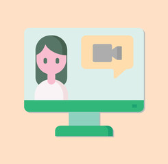Poster - Online customer service illustration featuring a person on a computer screen with a video call icon