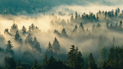 Wall Mural - as dawn breaks, a magical mist blankets the forest, shrouding the towering trees in mystery and crea