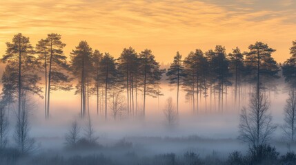 Wall Mural - as dawn breaks, a magical mist blankets the forest, shrouding the towering trees in mystery and crea