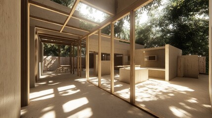 Poster - Minimalist Wooden Structure Sunlight Through Open Walls