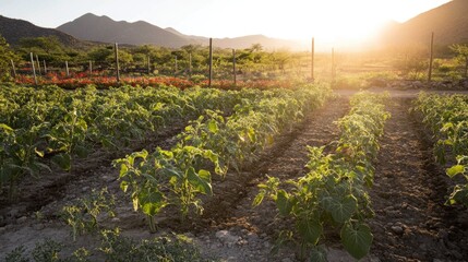 Poster - Rows of young plants growing in a mountain farm at sunset