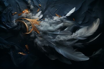 Poster - White feathers and golden decoration floating on dark blue cloth, creating a luxurious and elegant atmosphere