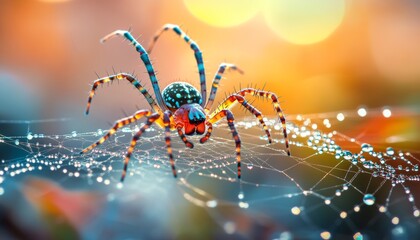 Vibrant spider on its intricate web glimmering with dew in the soft glow of morning light
