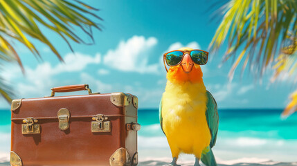 Wall Mural - Colorful parrot wearing sunglasses stands next to a suitcase on a sunny beach with palm trees in the background