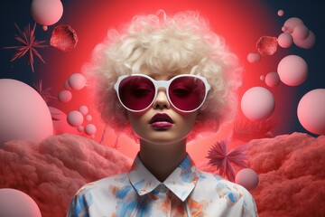 Poster - Blonde woman with curly hair and pink sunglasses posing in a surreal digital landscape with floating spheres and red light