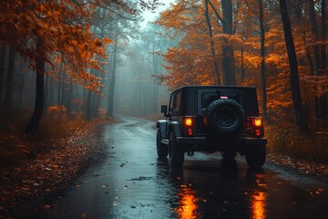 Poster - Scenic autumn forest road  rugged off road vehicle navigating a rainy, reflective landscape