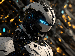 Poster - Intricate futuristic robot design with glowing blue accents set against a high-tech background