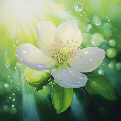 Aufkleber - Bright white flower with droplets glistening under sunlight in a lush green setting during spring