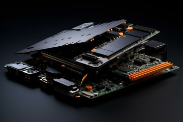Fototapete - Electronic circuit boards stacked together revealing complex components and connectors