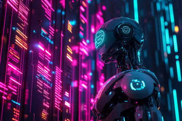 Aufkleber - Futuristic robot exploring a neon-lit virtual environment with vibrant colors and digital patterns at night