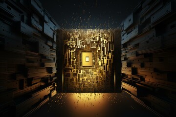 Fototapete - Golden quantum computing processor is sending data through futuristic circuitry, creating a powerful visual representation of advanced technology
