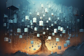 Poster - surreal tree supports numerous hanging cubes, creating a mystical and otherworldly atmosphere in a d