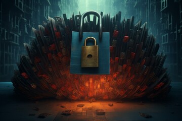 Poster - padlock secures a large collection of blades, symbolizing data protection and cybersecurity in the d