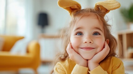 Wall Mural - Sweet little girl in an Easter bunny costume joyfully posing at home