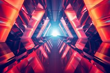 Poster - Glowing triangular shapes form a futuristic tunnel leading to a bright light at the end