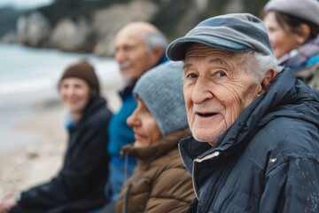 Wall Mural - Portrait of happy senior couple with their family on the beach.