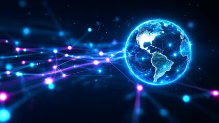 Digital earth with glowing network connections in space. Global technology concept with streaming data lines. Modern international communications visualization