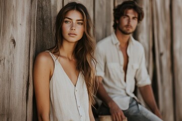 Wall Mural - A young woman with freckles stands confidently beside a blurred man, leaning against a rustic wooden wall.