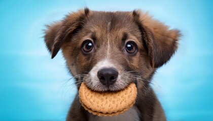 cute dog with biscuit in mouth closeup of adorable puppy eyes holding snack