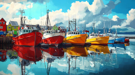 Wall Mural - Colorful fishing boats are docked in a harbor with a calm, reflective surface. Cloud Harbor. Illustration