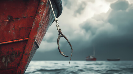 Wall Mural - Fishing vessel close-up with hook and gloomy ocean background. Cloud Harbor. Illustration