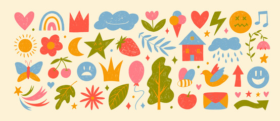 Poster - Crayon drawn colorful doodle childish icons. Hand drawn childish funny simple vector illustrations.