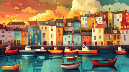 Wall Mural - Scenic view of brixham harbor at sunset with colorful boats and charming coastal architecture. Cloud Harbor. Illustration