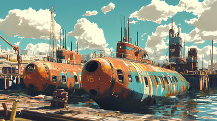 Wall Mural - Three rusty, colorful submarines docked at a harbor on a sunny day. Cloud Harbor. Illustration