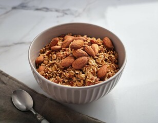 Wall Mural - bowl of crunchy granola with almonds on a marble table perfect for a healthy and delicious breakfast