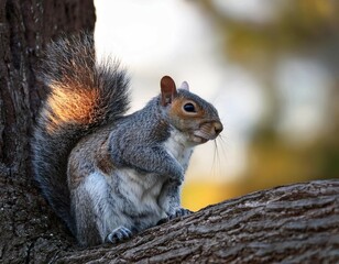 gray squirrel sitting on a tree trunk close up