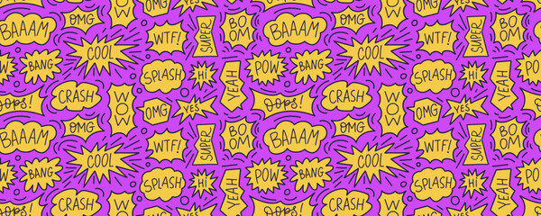 yellow and pink funky seamless pattern with comic speech bubbles and cool words.