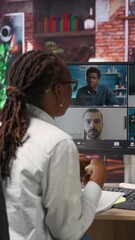 Poster - Vertical video Manager greeting employees during videocall from home, looking over paperwork, organizing job shifts. Supervisor doing remote teleconference meeting with staff members, checking