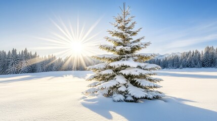 Wall Mural - solitary snow-covered fir tree in a sunlit winter landscape.