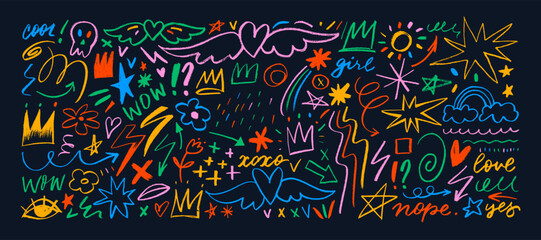 Aufkleber - Crayon drawn colorful doodle shapes and figures for notes and design. Hand drawn scribbles, scrawls, stars, crown, curly lines in punk girly style. Childish creative various shapes, lettering.